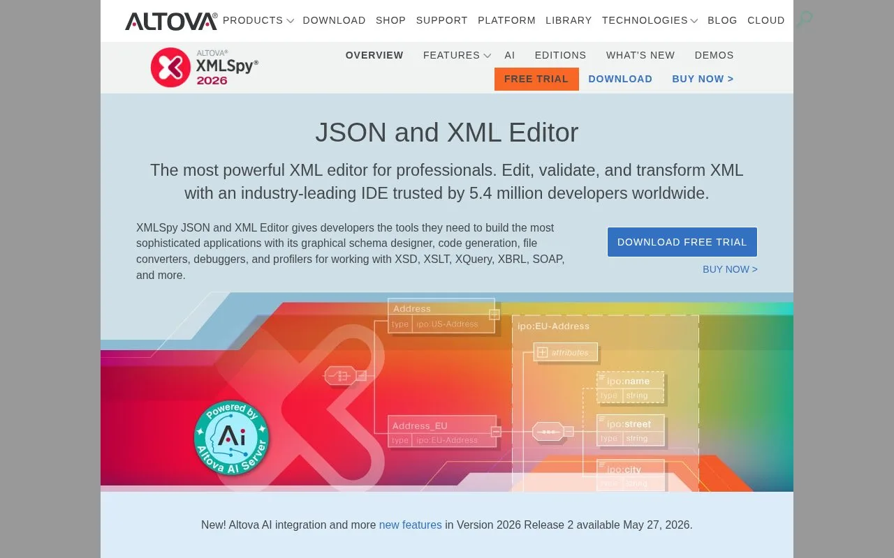 Screenshot of the XMLSpy homepage