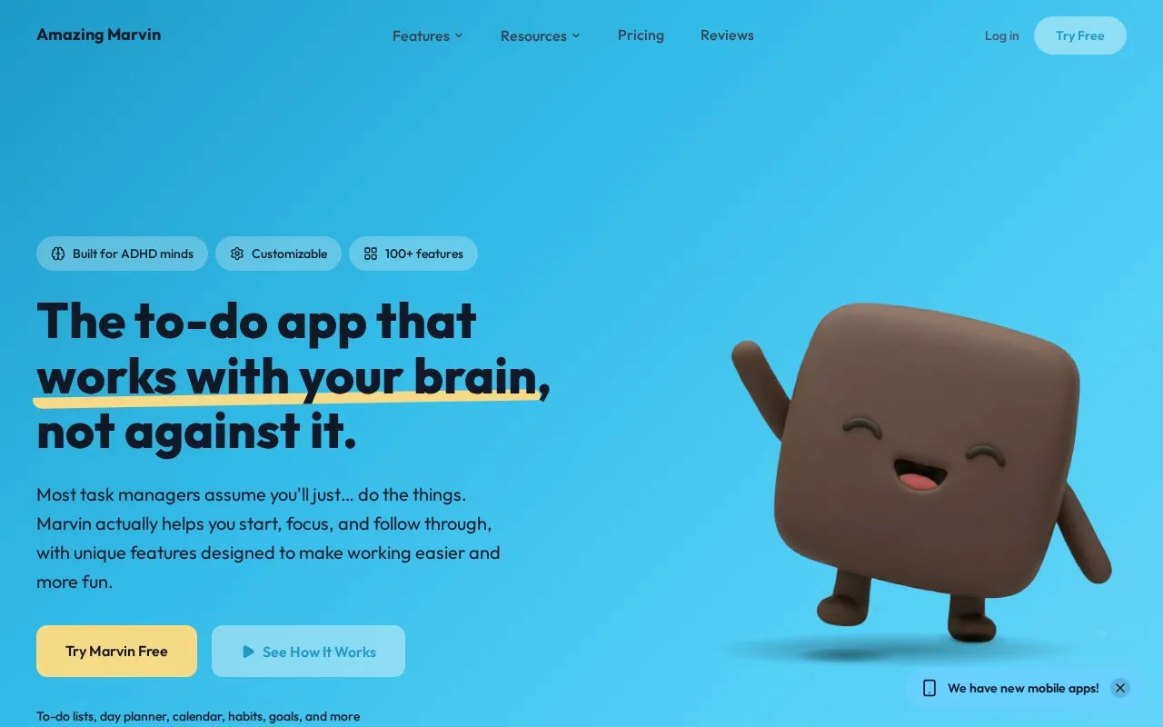 Screenshot of the Amazing Marvin homepage