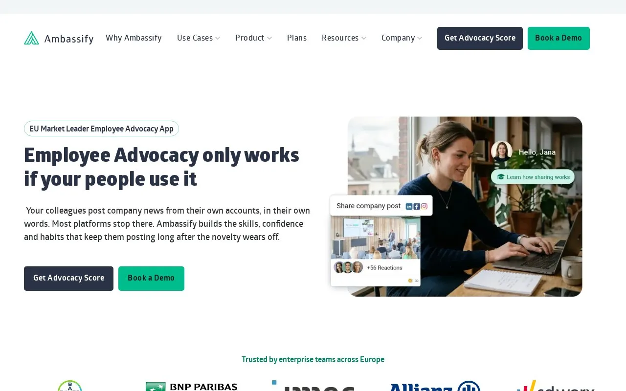 Screenshot of the Ambassify homepage