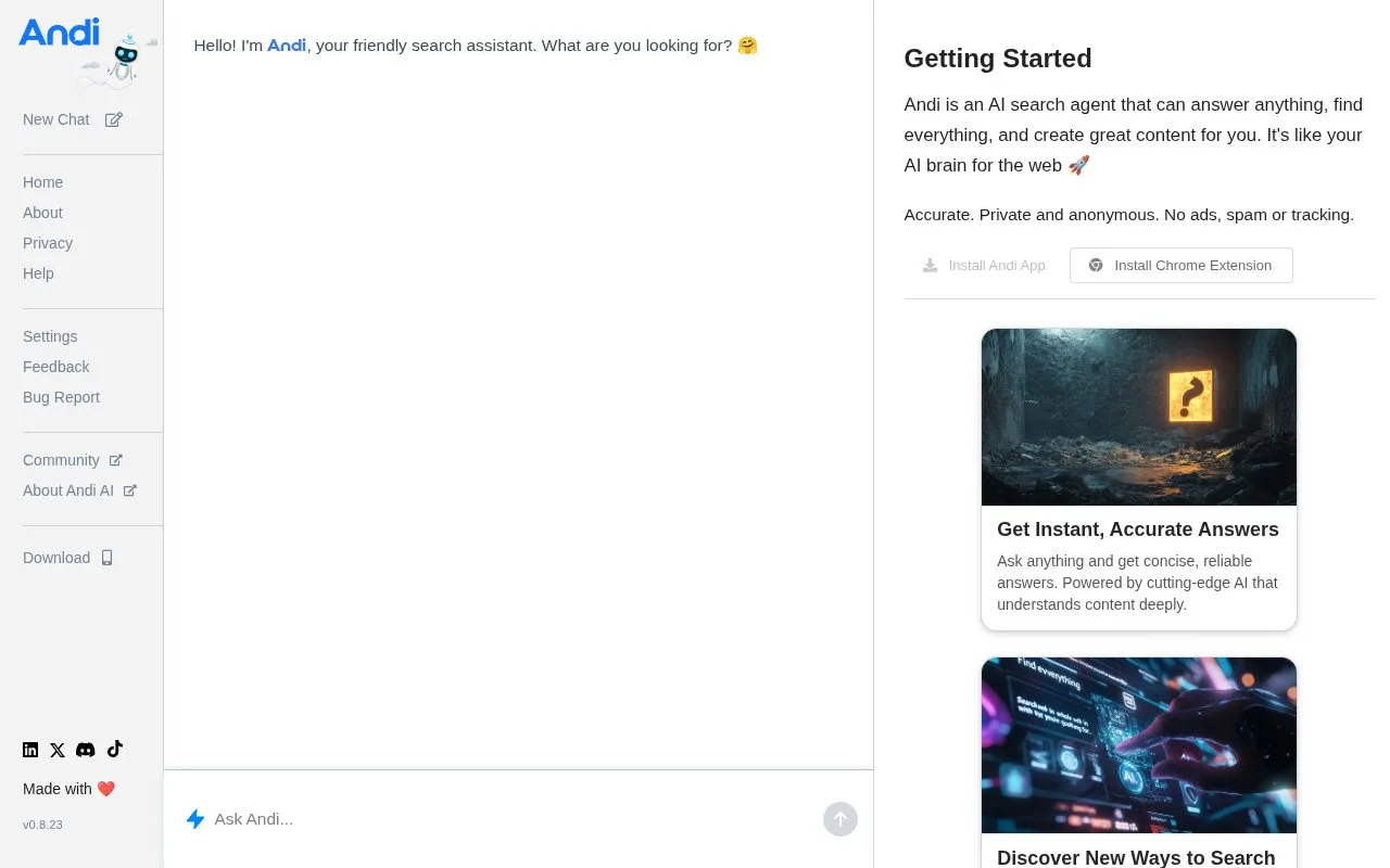 Screenshot of the Andi homepage