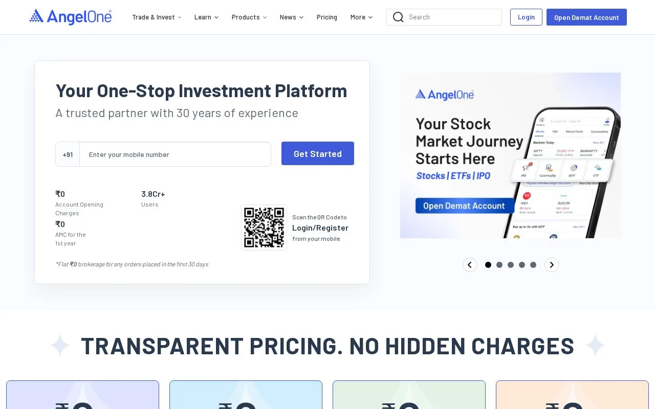 Screenshot of the Angel One homepage