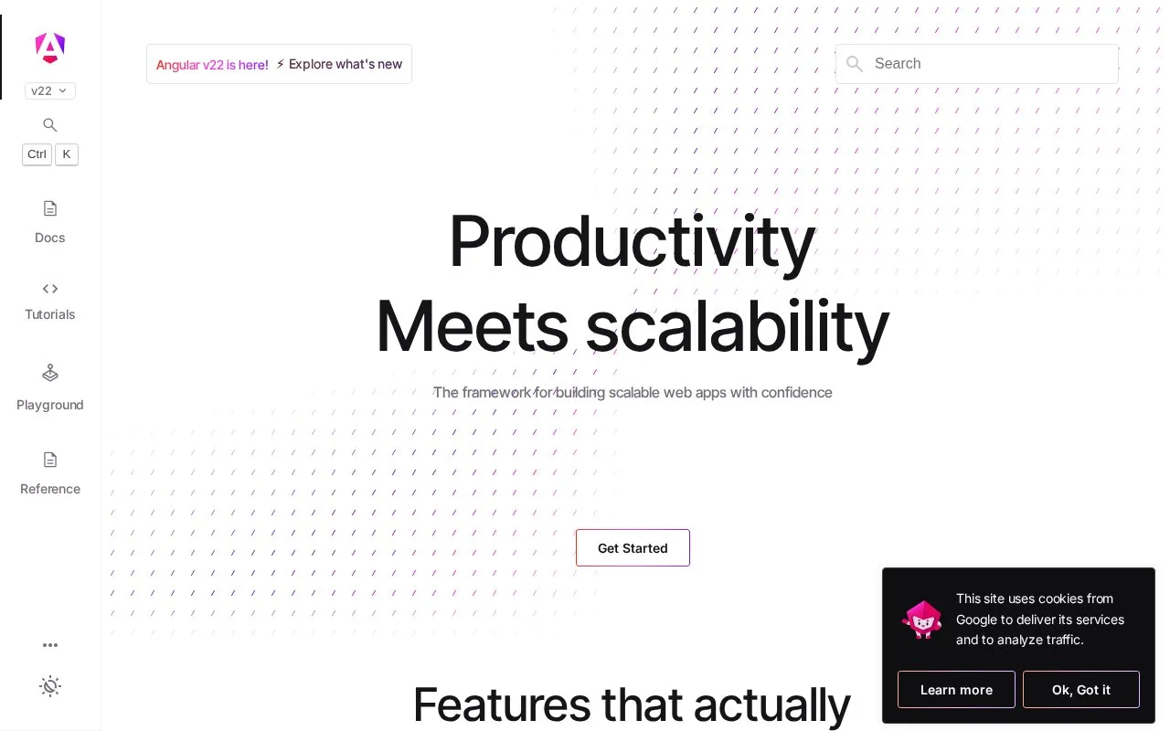 Screenshot of the Angular homepage