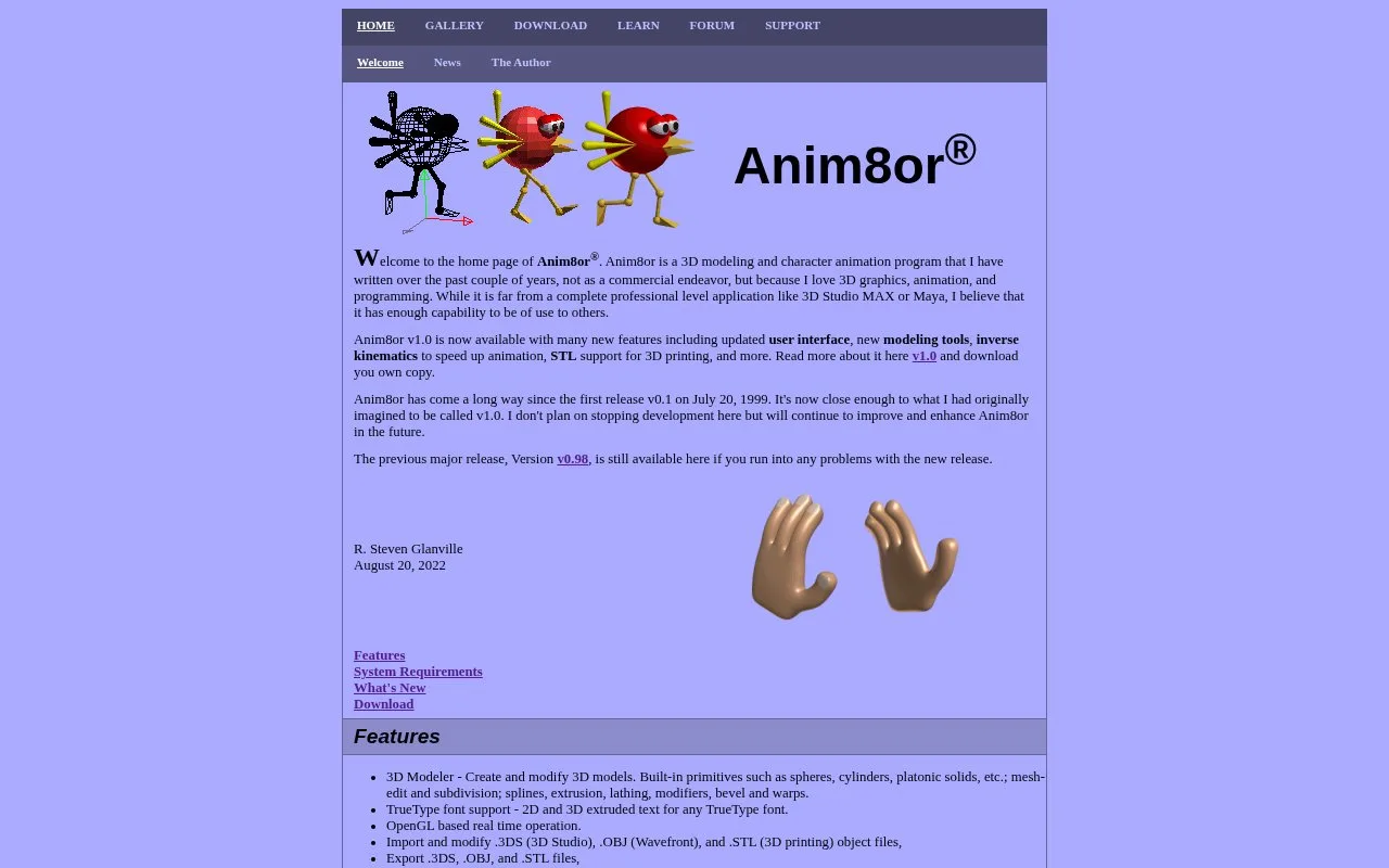 Screenshot of the Anim8or homepage