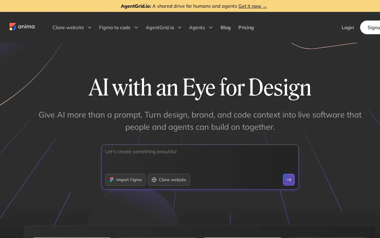 Screenshot of the Anima homepage