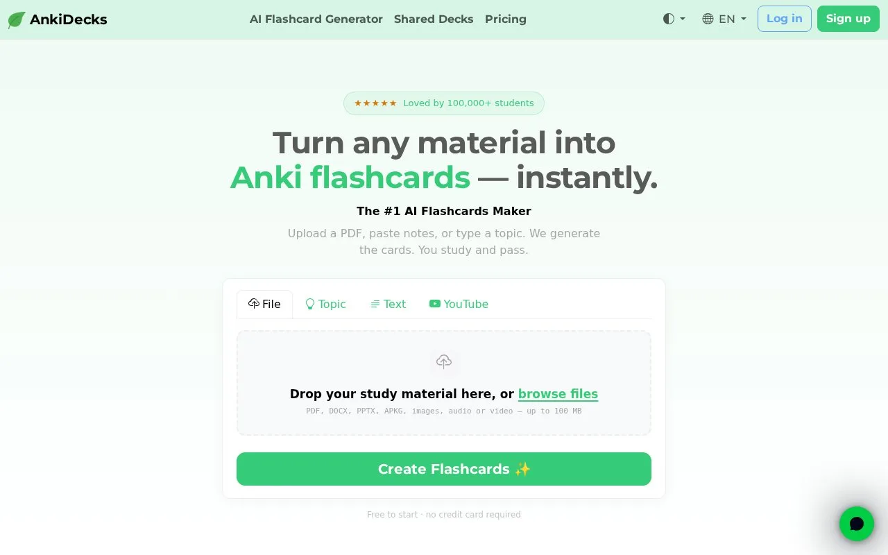 Screenshot of the AnkiDecks homepage