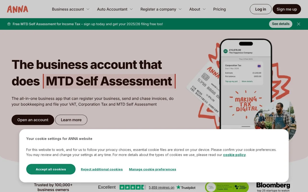 Screenshot of the ANNA homepage