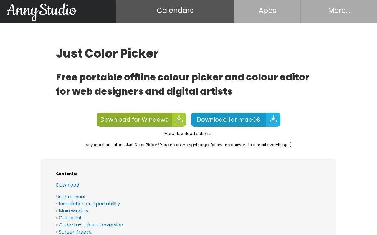 Screenshot of the Just Color Picker homepage