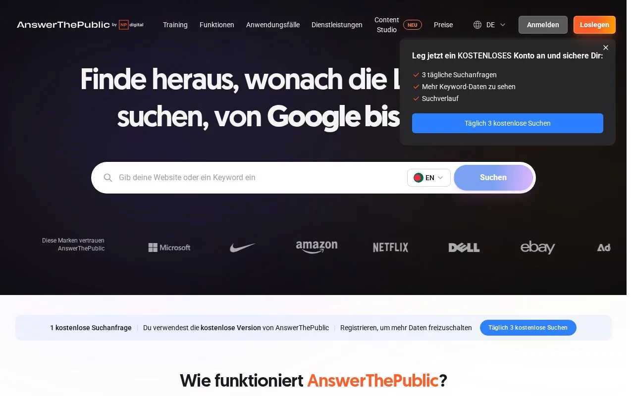 Screenshot of the AnswerThePublic homepage
