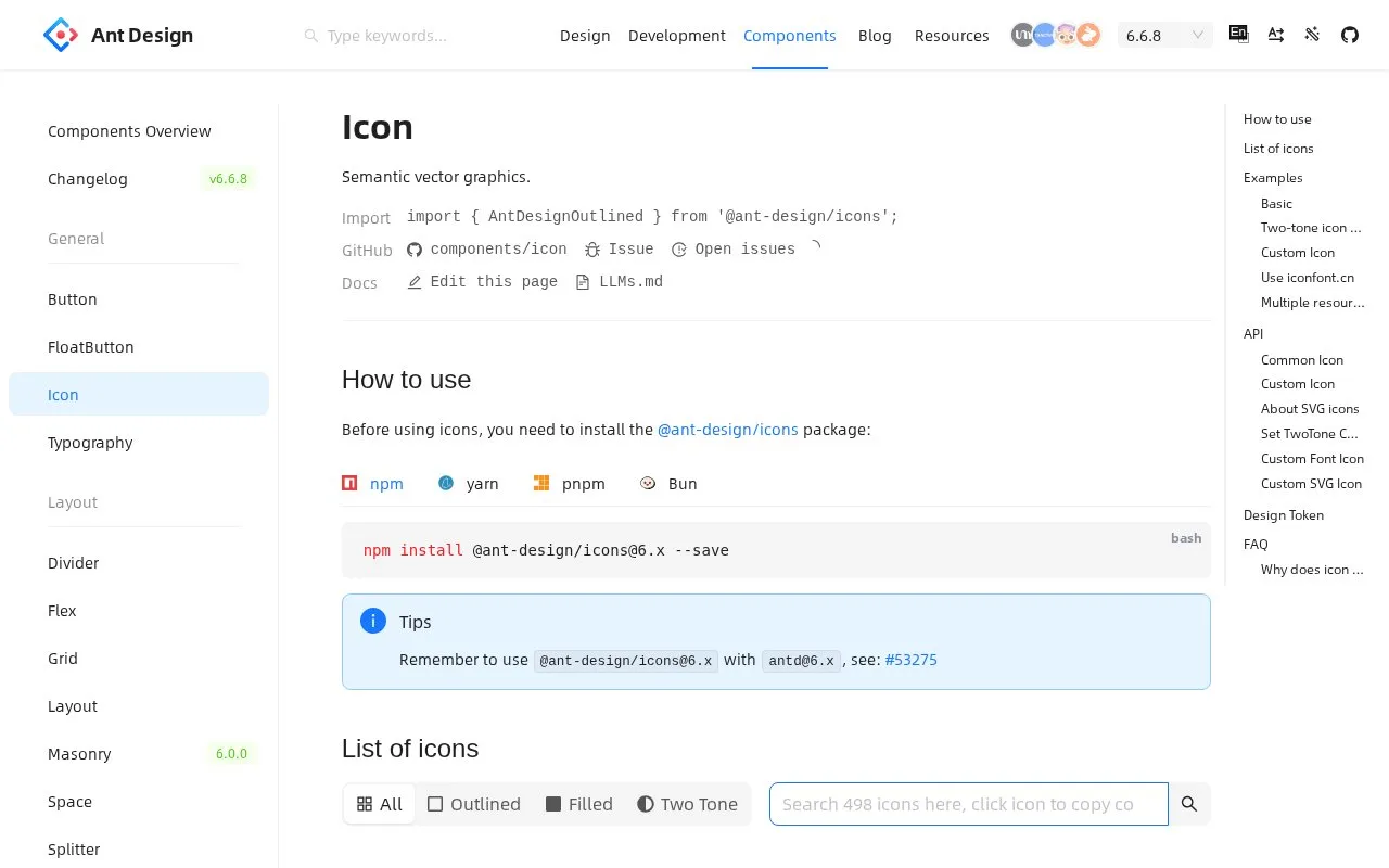 Screenshot of the Ant Design Icons homepage