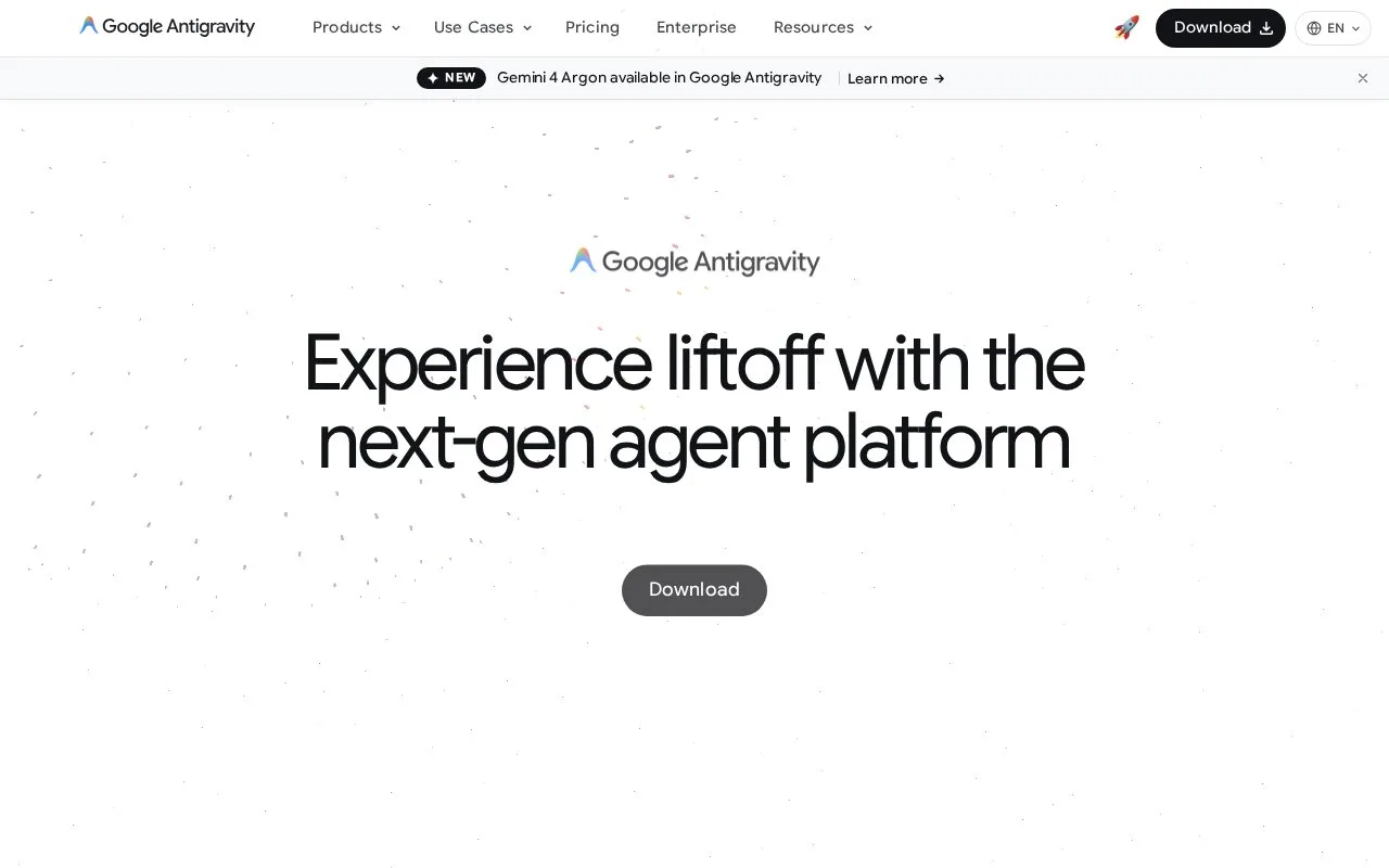 Screenshot of the Google Antigravity homepage