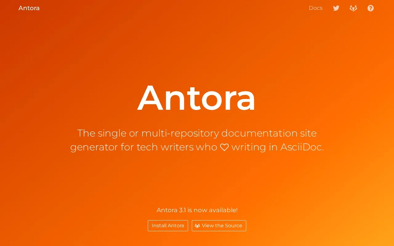 Screenshot of the Antora homepage