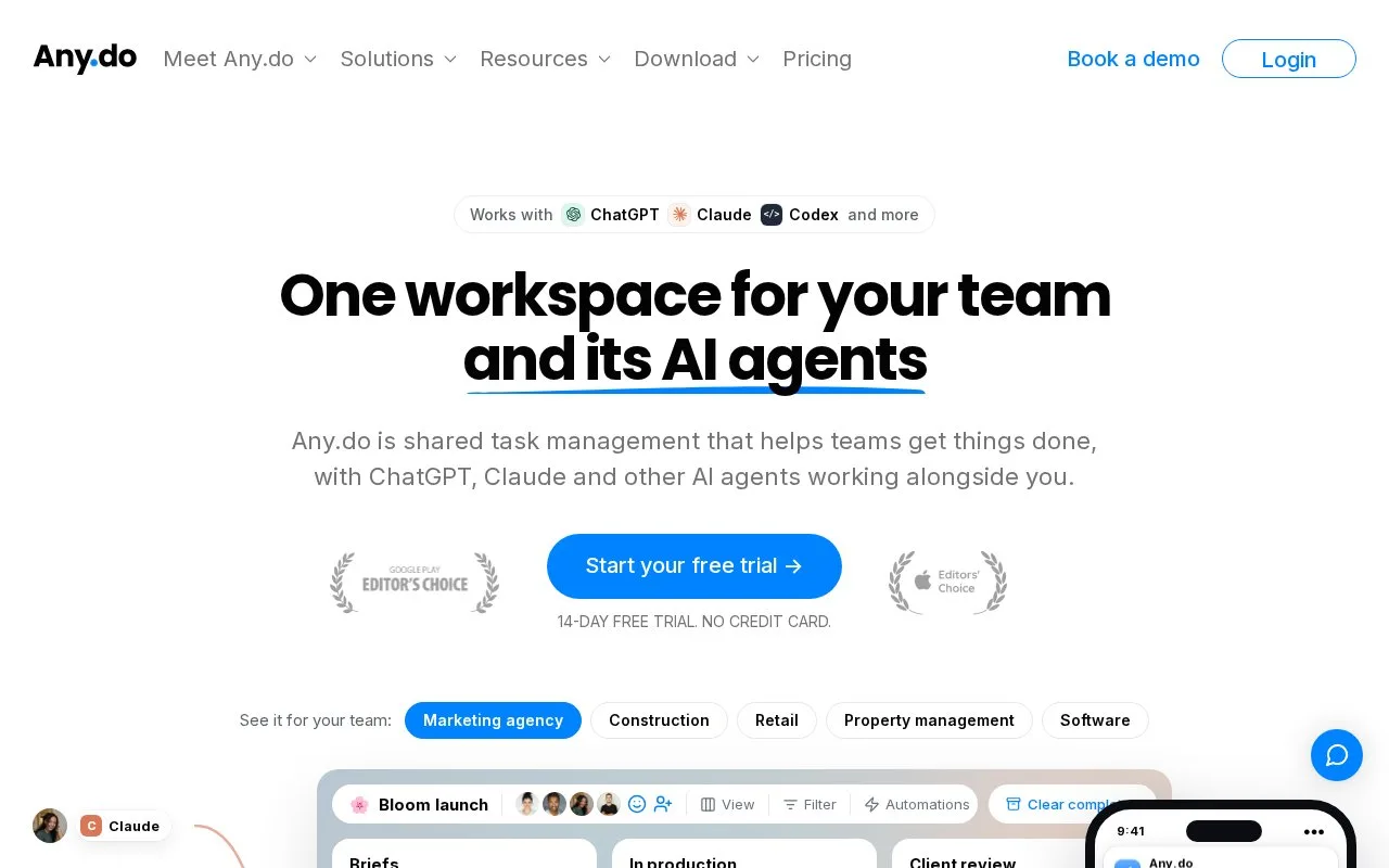 Screenshot of the Any.do Tasks homepage