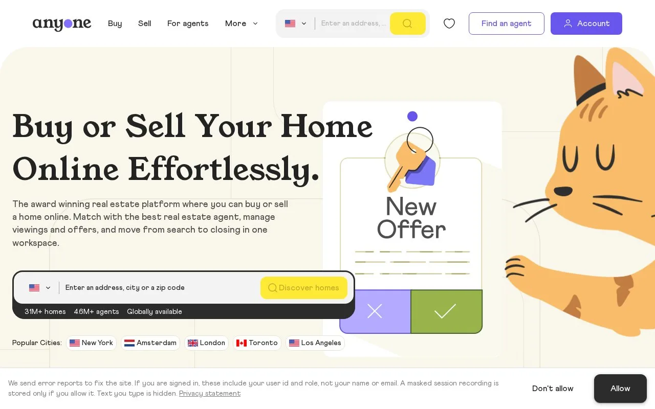 Screenshot of the Anyone homepage