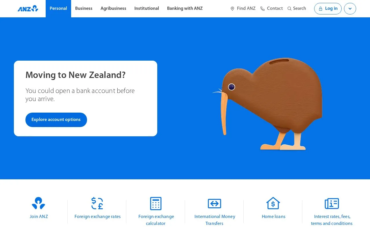 Screenshot of the ANZ homepage