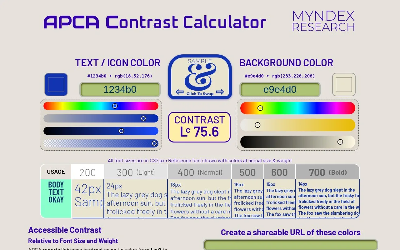 Screenshot of the APCA Contrast Calculator homepage