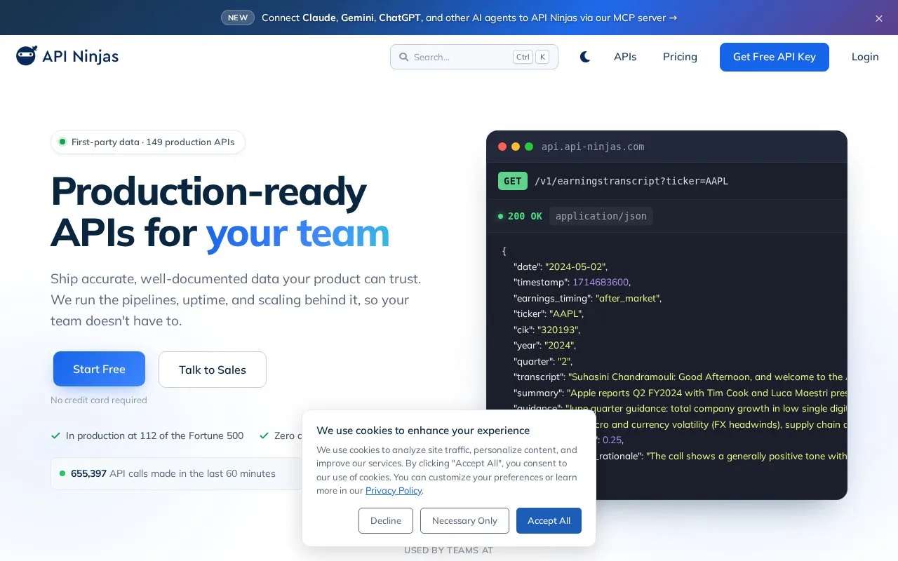 Screenshot of the API Ninjas homepage