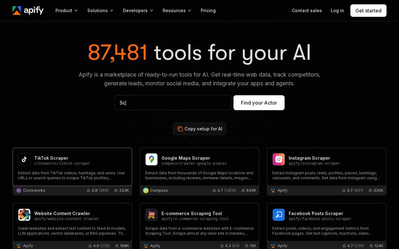 Screenshot of the Apify homepage
