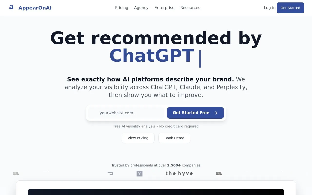 Screenshot of the AppearOnAI homepage