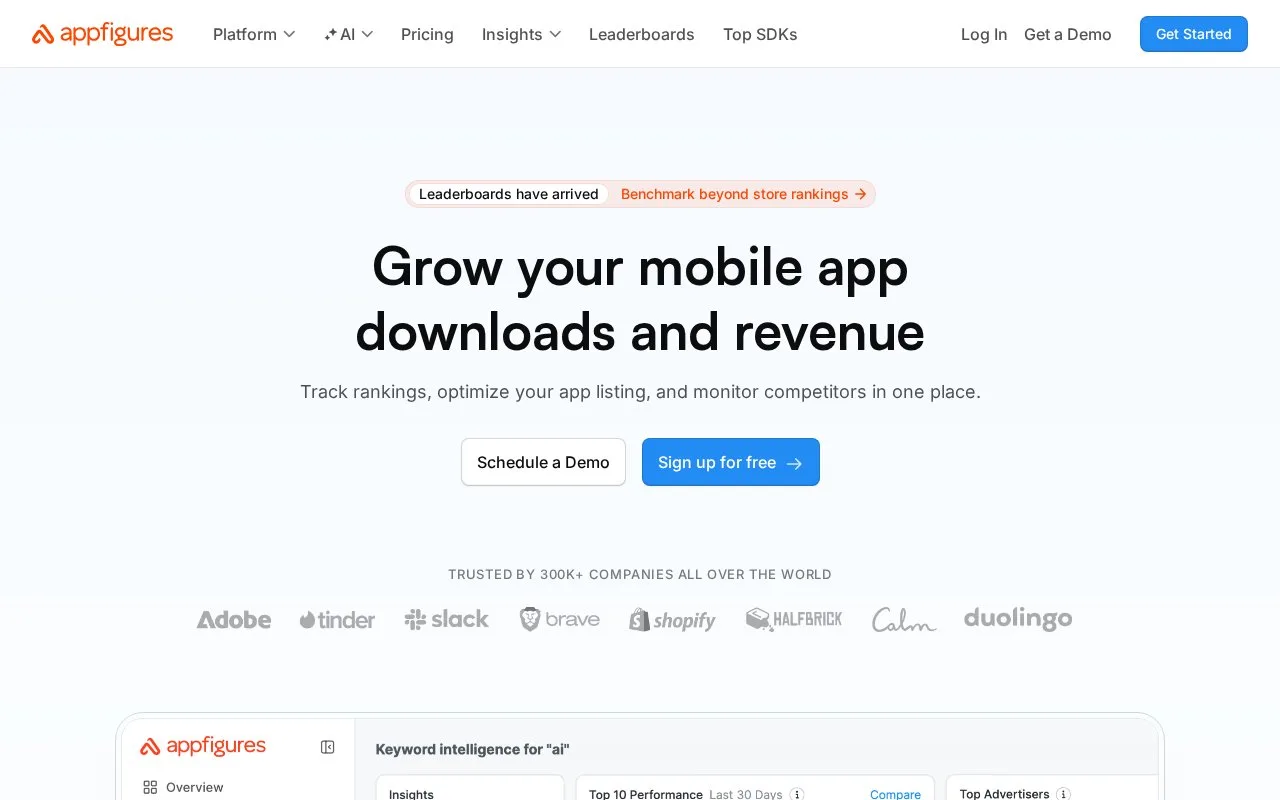 Screenshot of the Appfigures homepage