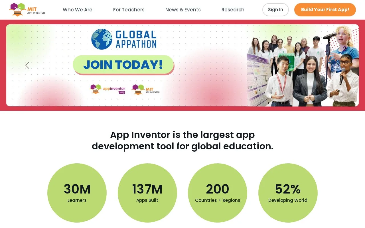 Screenshot of the MIT App Inventor homepage