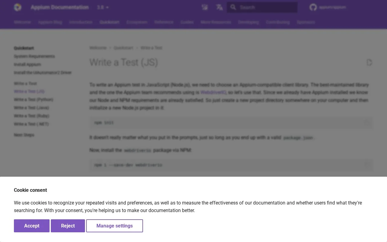 Screenshot of the Appium homepage