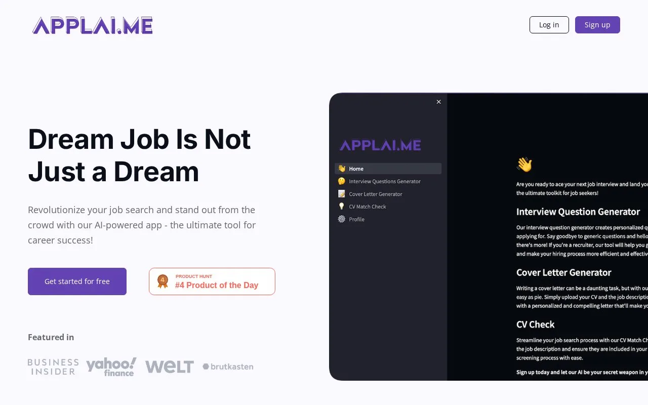 Screenshot of the Applai.me homepage