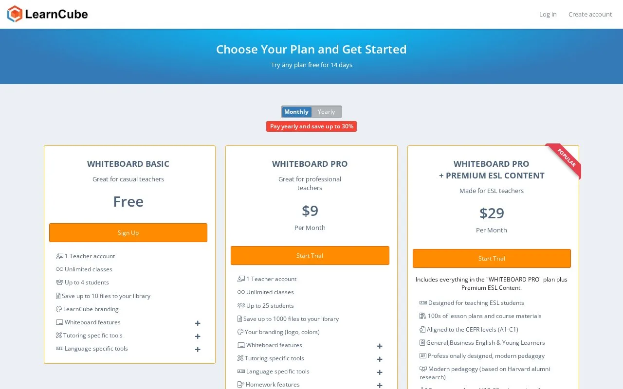Screenshot of the LearnCube Whiteboard homepage