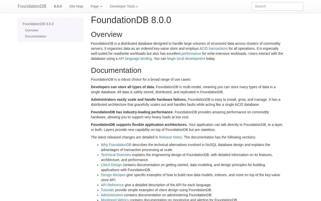 Screenshot of the FoundationDB homepage