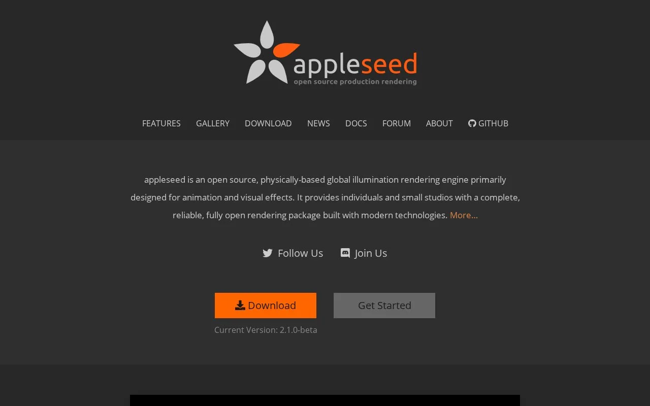 Screenshot of the appleseed homepage