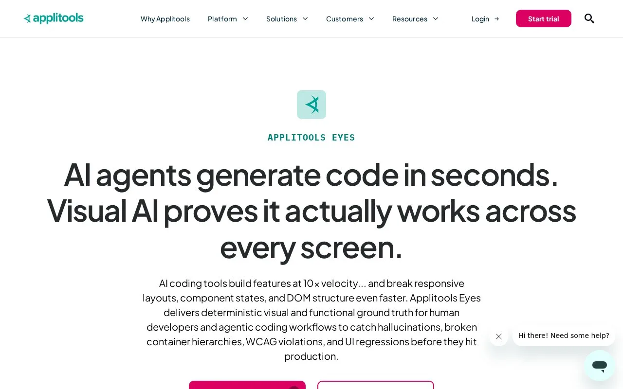 Screenshot of the Applitools Eyes homepage