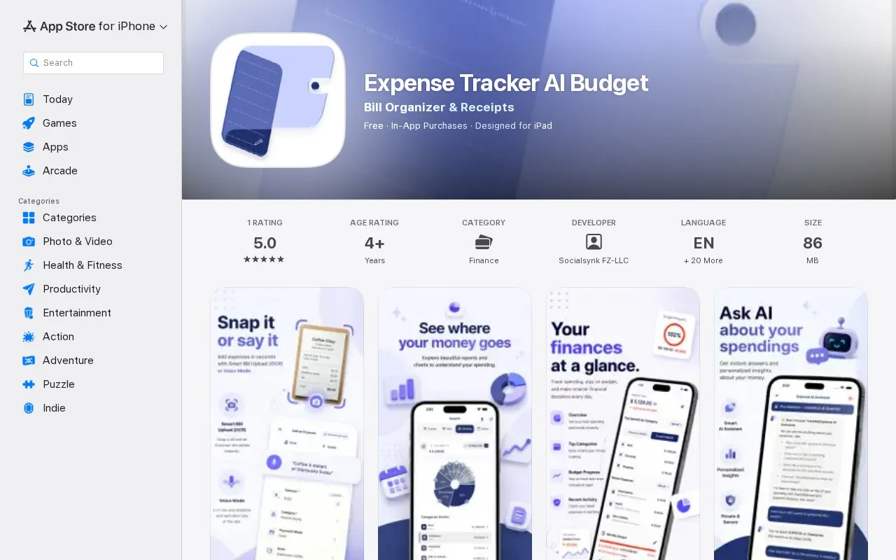 Screenshot of the Expense Tracker AI Budget homepage