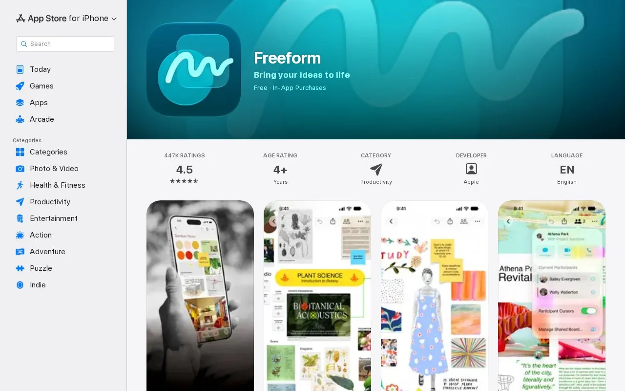 Screenshot of the Freeform homepage