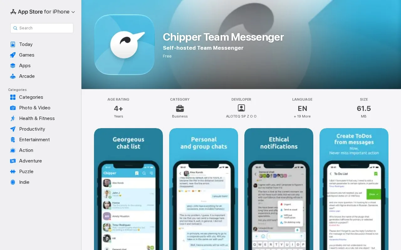 Screenshot of the Chipper Team Messenger homepage