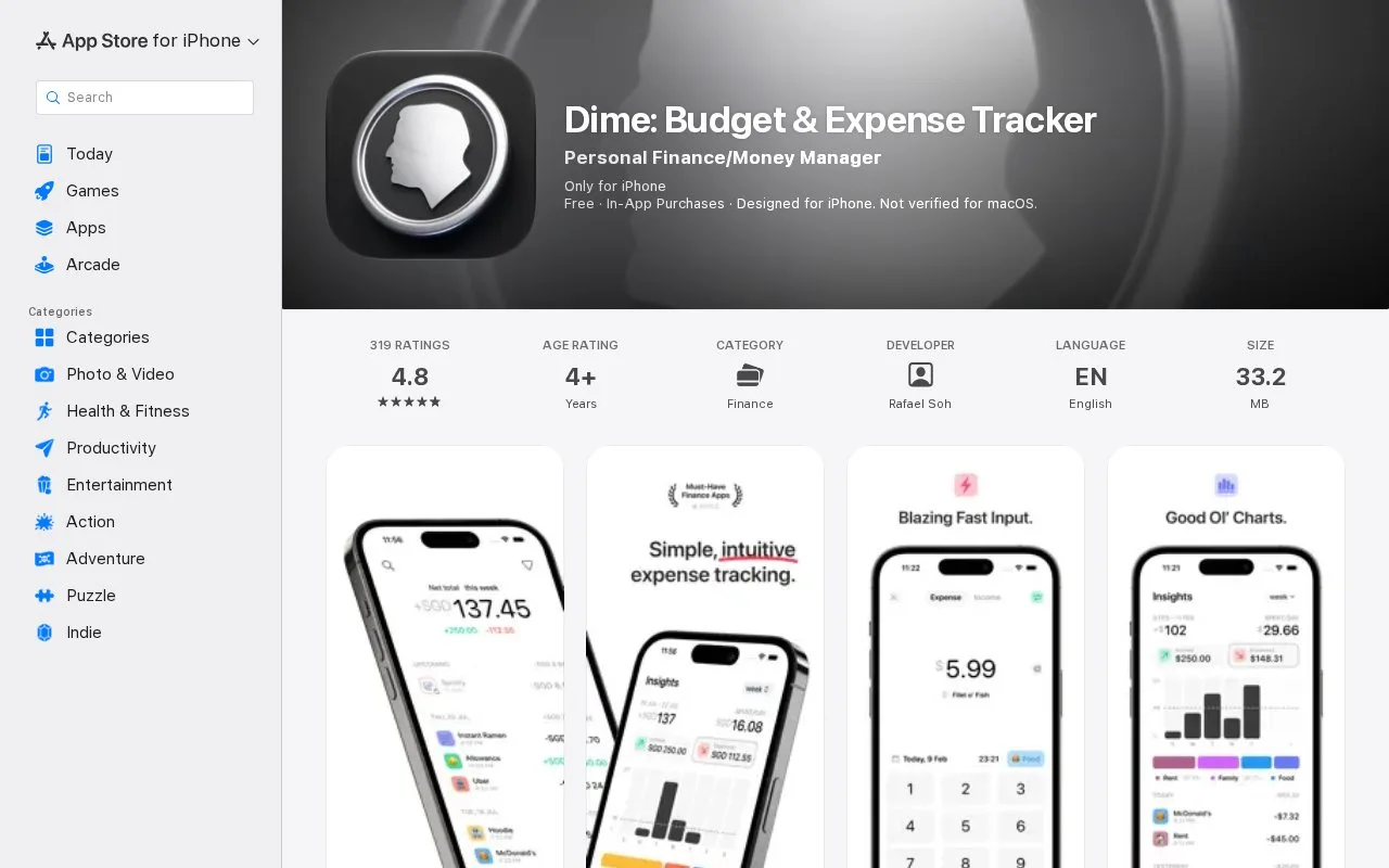 Screenshot of the Dime homepage