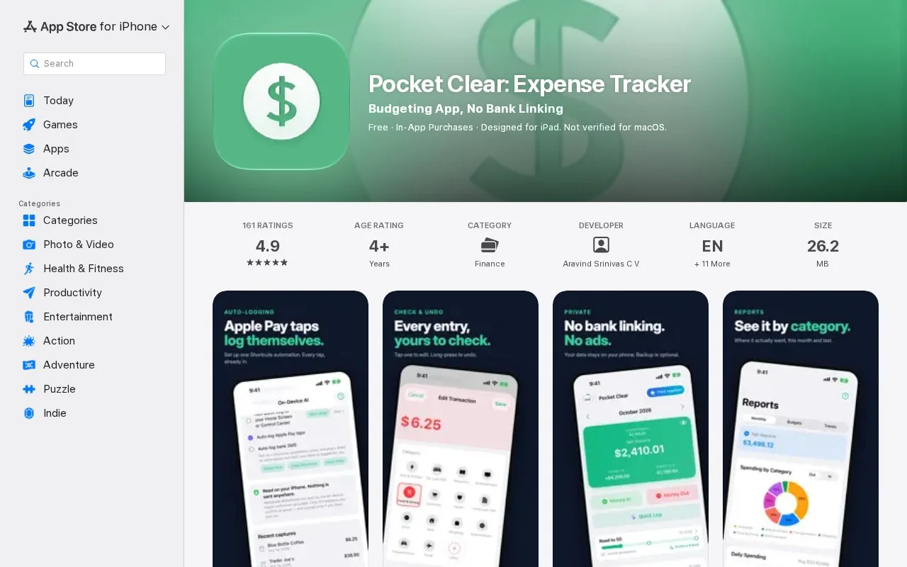 Screenshot of the Pocket Clear homepage