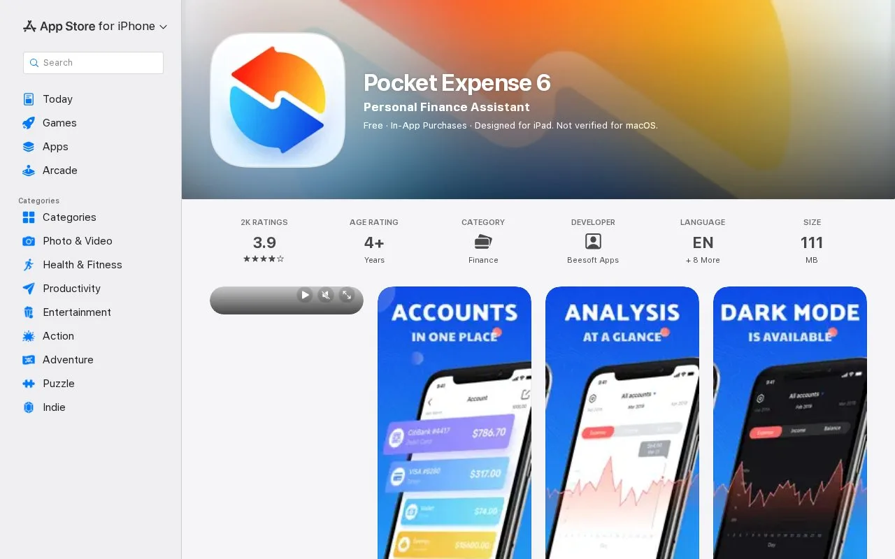 Screenshot of the Pocket Expense homepage
