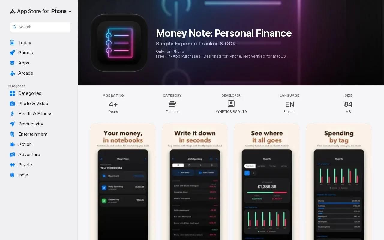 Screenshot of the Money Note by KYNETICS homepage