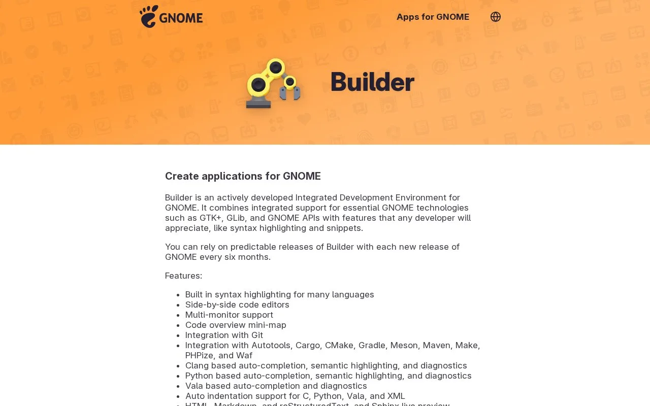 Screenshot of the GNOME Builder homepage