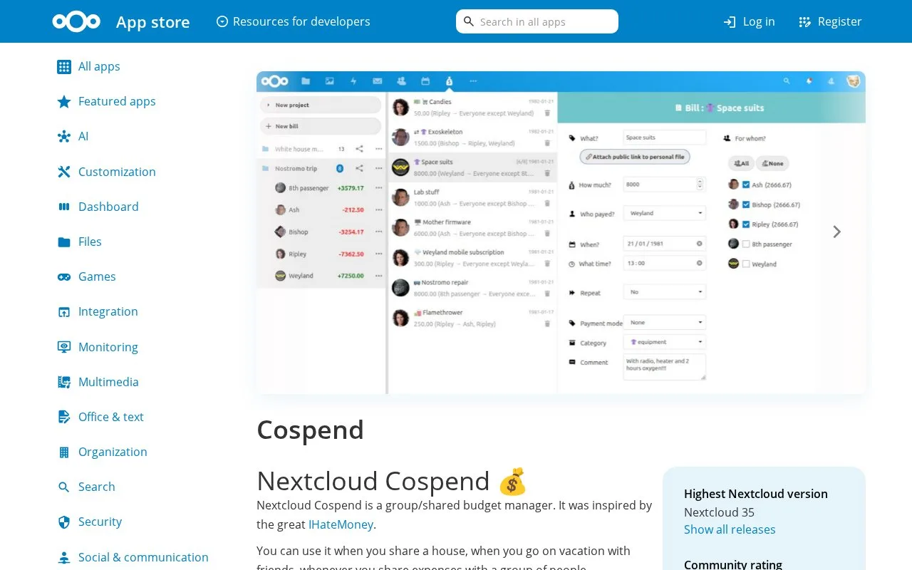 Screenshot of the Cospend homepage