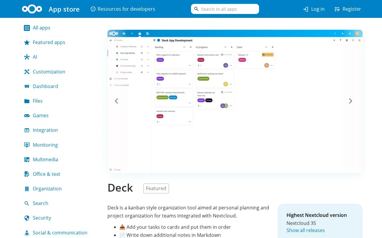 Screenshot of the Nextcloud Deck homepage