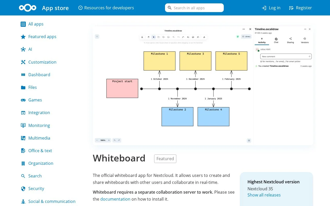 Screenshot of the Nextcloud Whiteboard homepage