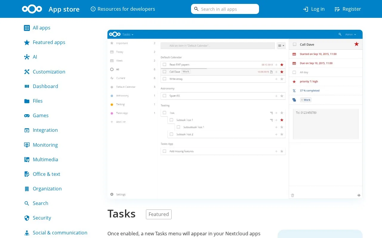 Screenshot of the Nextcloud Tasks homepage