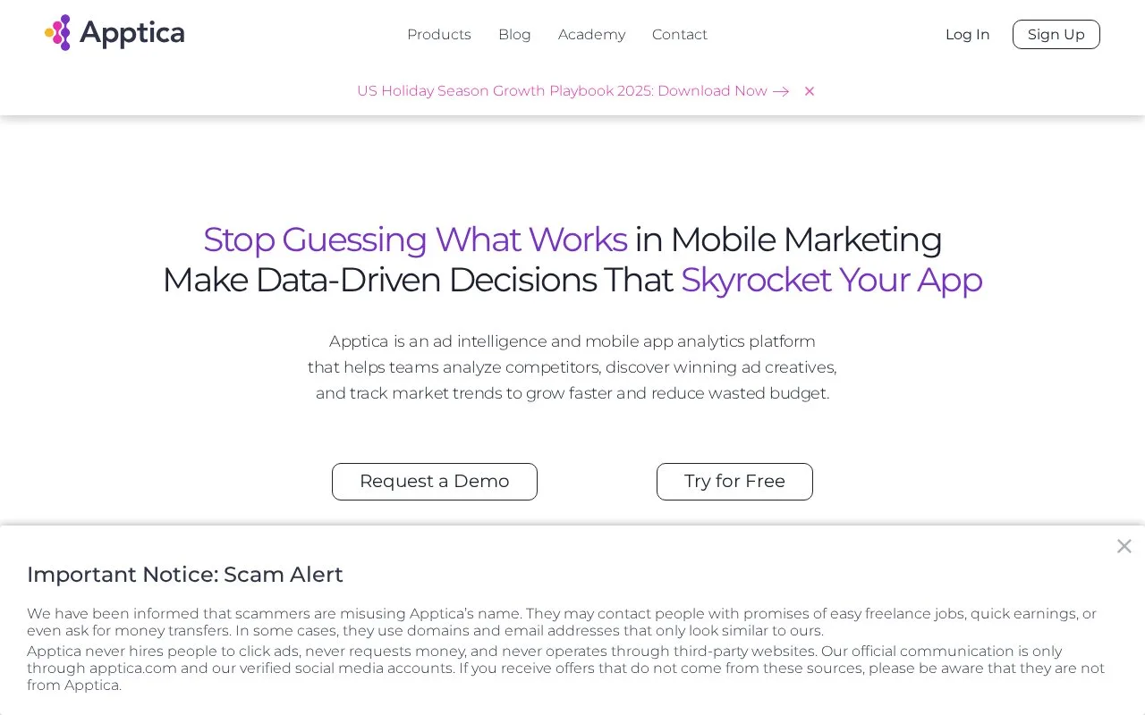 Screenshot of the Apptica homepage