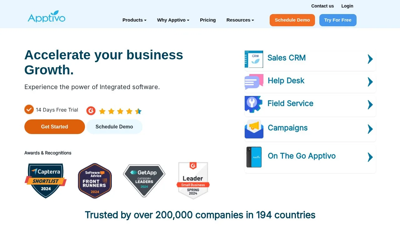 Screenshot of the Apptivo homepage