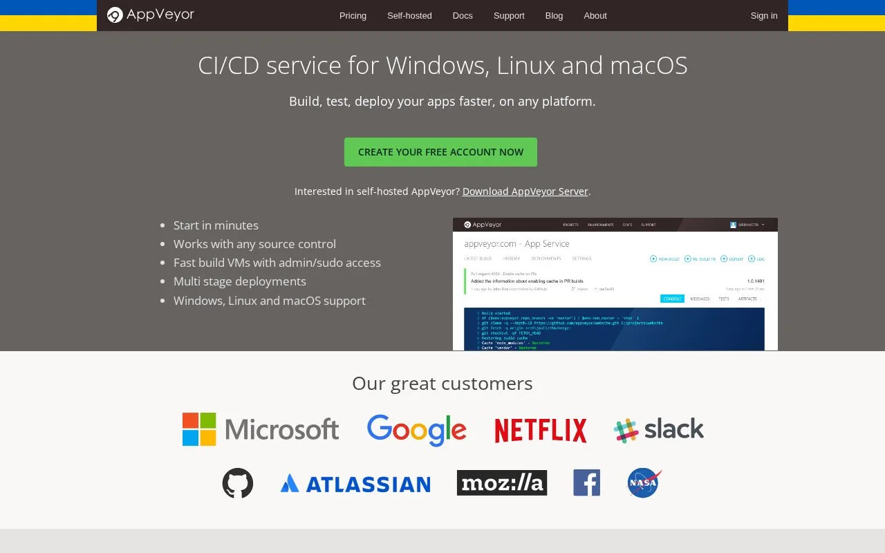 Screenshot of the AppVeyor homepage