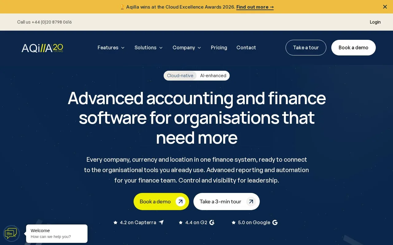 Screenshot of the Aqilla homepage