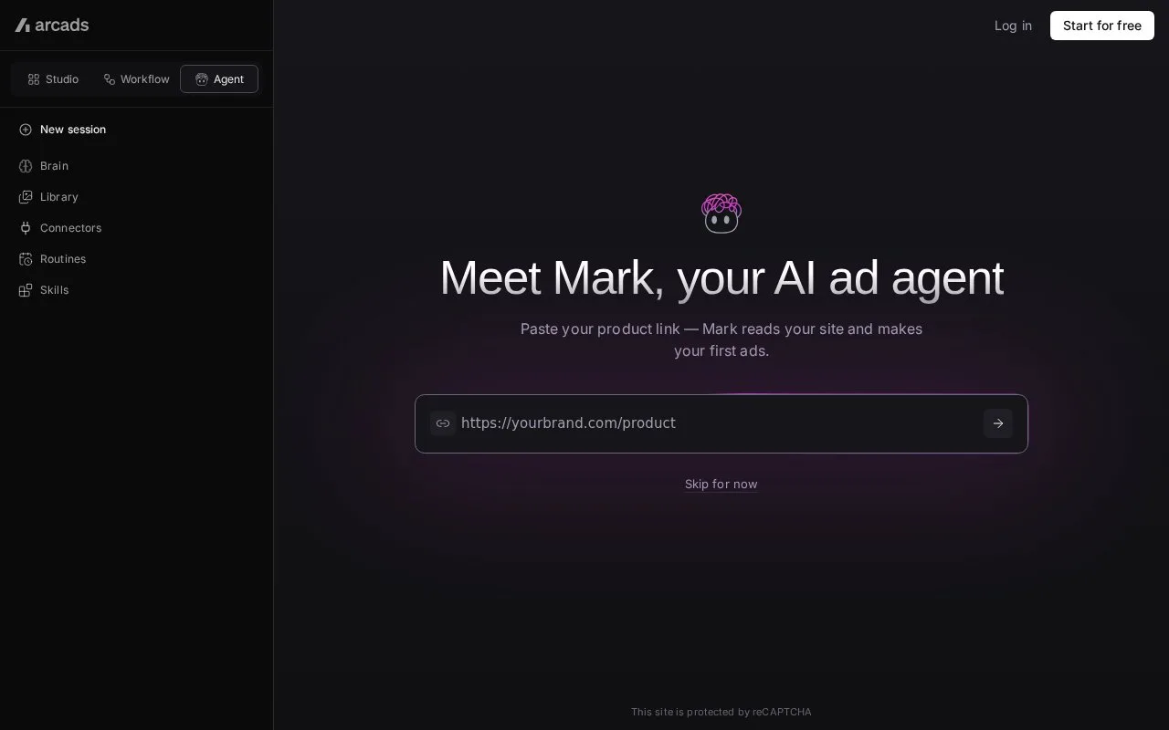 Screenshot of the Arcads homepage