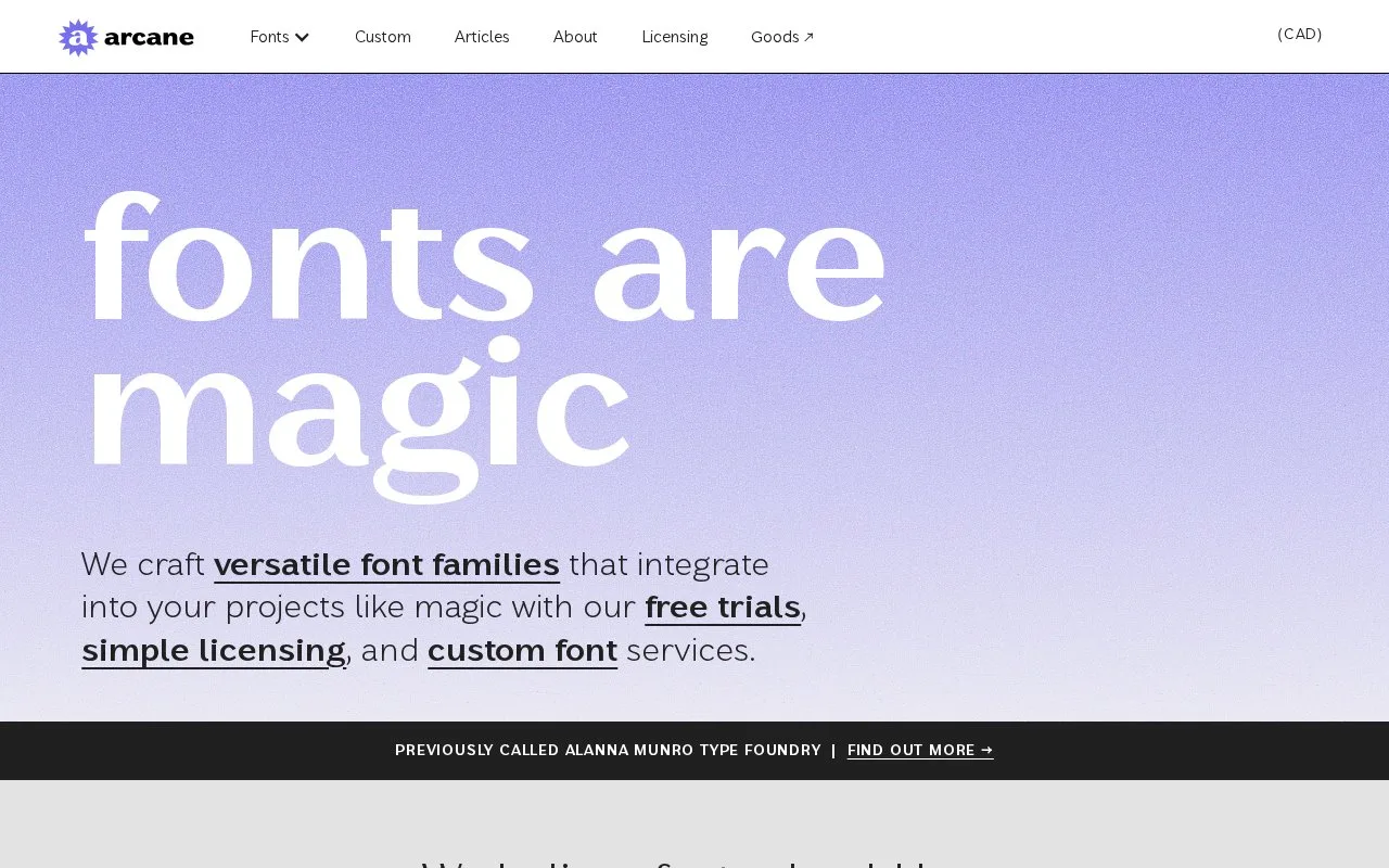 Screenshot of the Arcane Type Foundry homepage