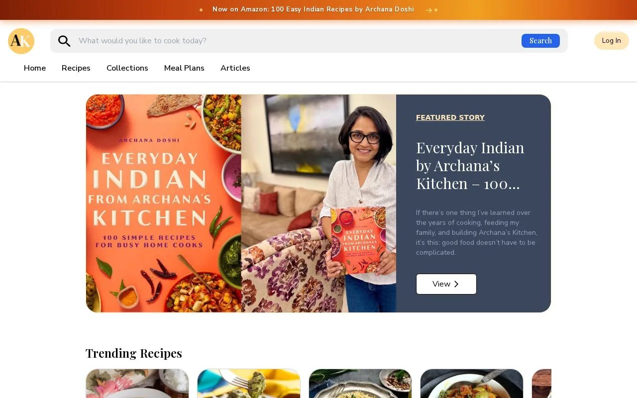 Screenshot of the Archana's Kitchen homepage