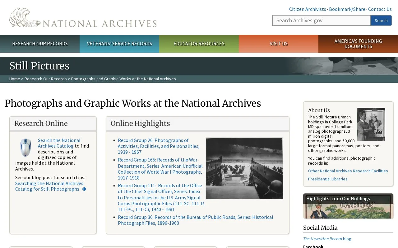 Screenshot of the National Archives Still Pictures homepage